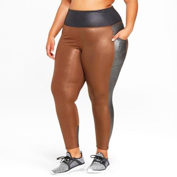 New JOYLAB 7/8 High-Rise Shine Leggings Pockets Bronze\Silver 2X - Picture 1 of 6